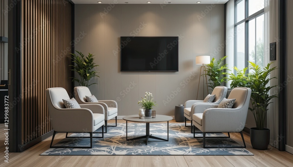 Fototapeta premium Cozy seating area for meetings office space interior design modern environment wide angle view