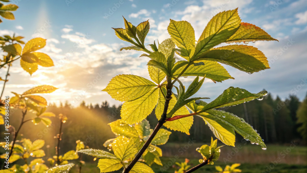 Obraz premium Sunlit leaves with dew against a vibrant sunrise backdrop.