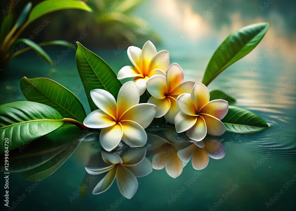 Fototapeta premium Serene Plumeria Flowers Floating on Water, Peaceful Nature Scene, Tropical Bloom