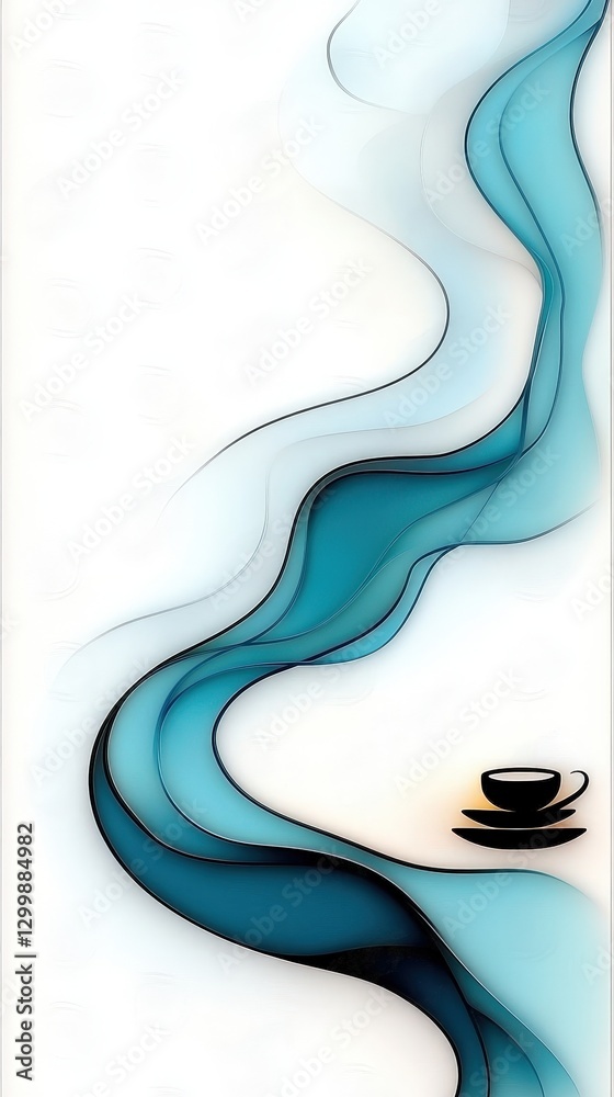 Fototapeta premium Abstract Flowing Stream with Coffee Cup in Minimalistic Style and Soft Color Palette