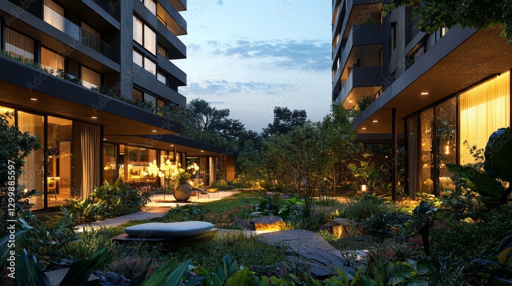 Obraz premium Lush Modern Garden at Dusk with Architectural Design