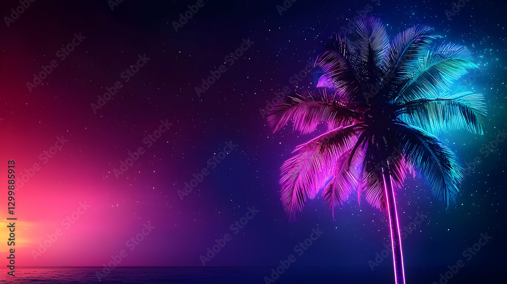 Obraz premium Neon Illuminated Palm Tree Silhouette Against a Starry Night Sky and Ocean Horizon