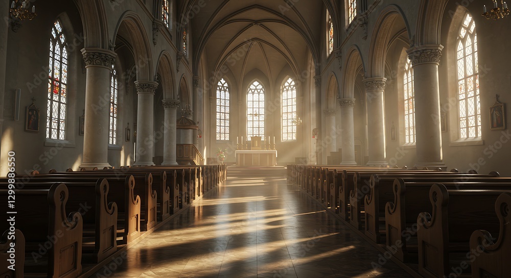 Fototapeta premium Exploring the Serene Interior of a Church with Sunlit Wooden Benches