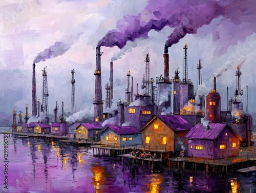 Wallpaper Mural Oil painting depicting an industrial factory with smokestacks and machinery in a production setting Torontodigital.ca