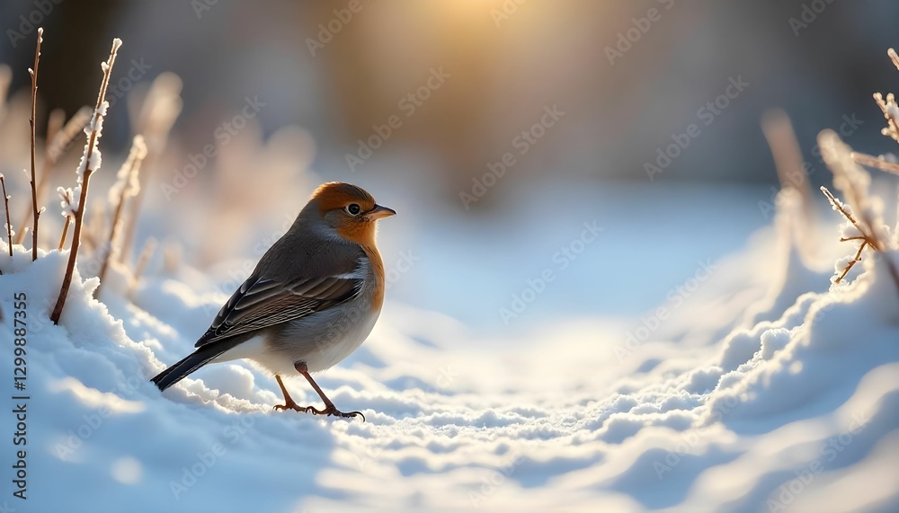 A small, delicate bird with a soft orange-brown head and grayish-white feathers perched on fresh snow, surrounded by frost-covered twigs. A small, delicate bird with a soft orange-brown head and grayish-white feathers perched on fresh snow, surrounded by frost-covered twigs.