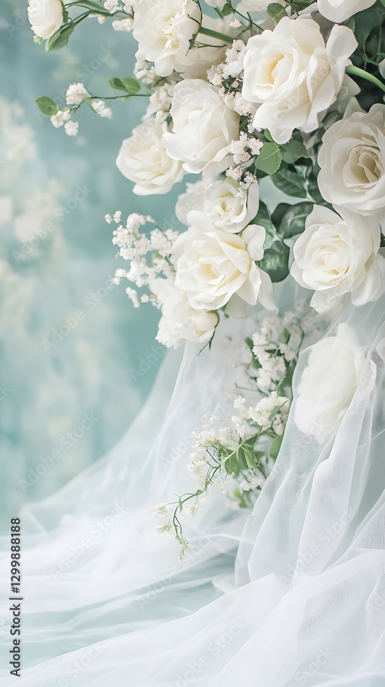 Beautiful white roses and delicate veil create an elegant floral display Beautiful white roses and delicate veil create an elegant floral display