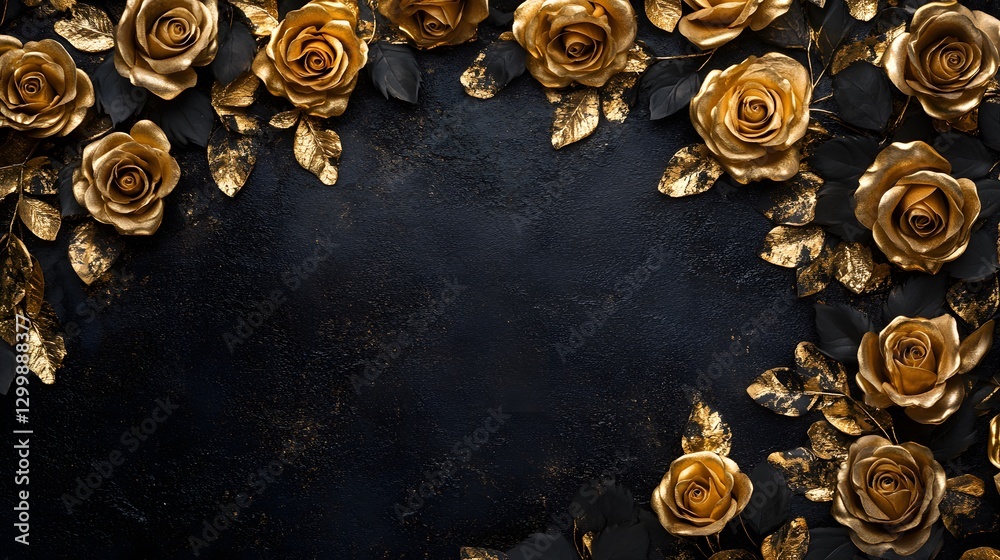 Obraz premium Golden Artificial Roses Adorn A Dark Textured Decorative Background