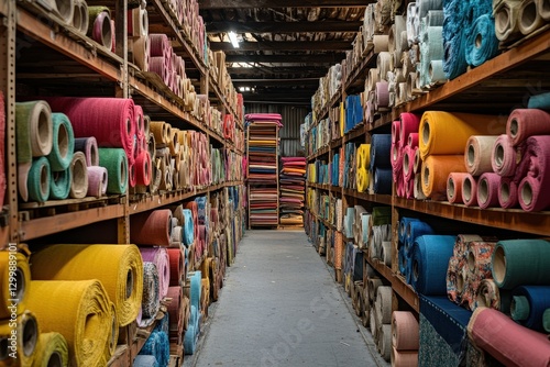 Wallpaper Mural Colorful fabric rolls stacked on shelves in a warehouse. Illustrates textile storage, inventory, or manufacturing. Torontodigital.ca