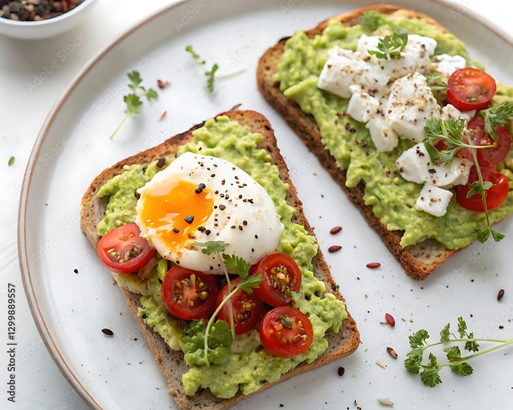 Delicious Avocado Toast with Poached Eggs and Cherry Tomatoes - Healthy Breakfast Recipe Delicious Avocado Toast with Poached Eggs and Cherry Tomatoes - Healthy Breakfast Recipe