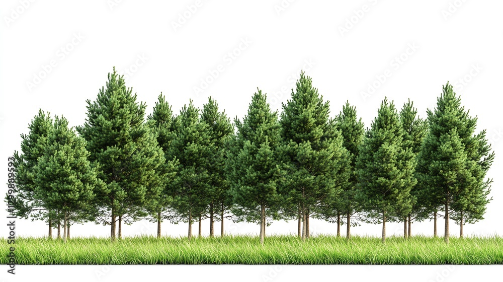 Obraz premium Horizontal line of dense evergreen trees on fresh green grass, isolated on a white background, detailed foliage, ultrasharp 8K clarity