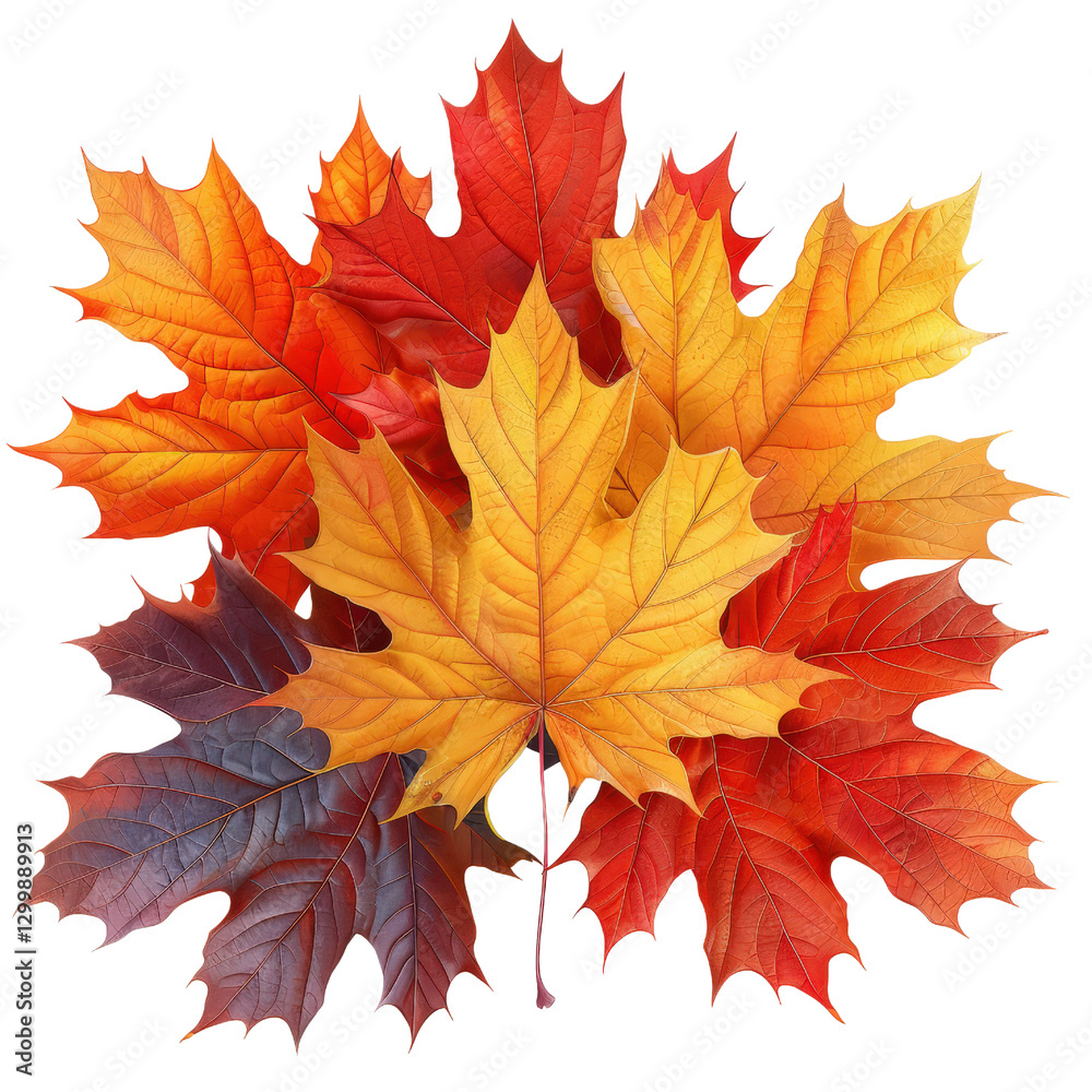Fototapeta premium Colorful Autumn Leaves in Shades of Red, Yellow, and Orange Arranged Over a White Background for Seasonal Decor