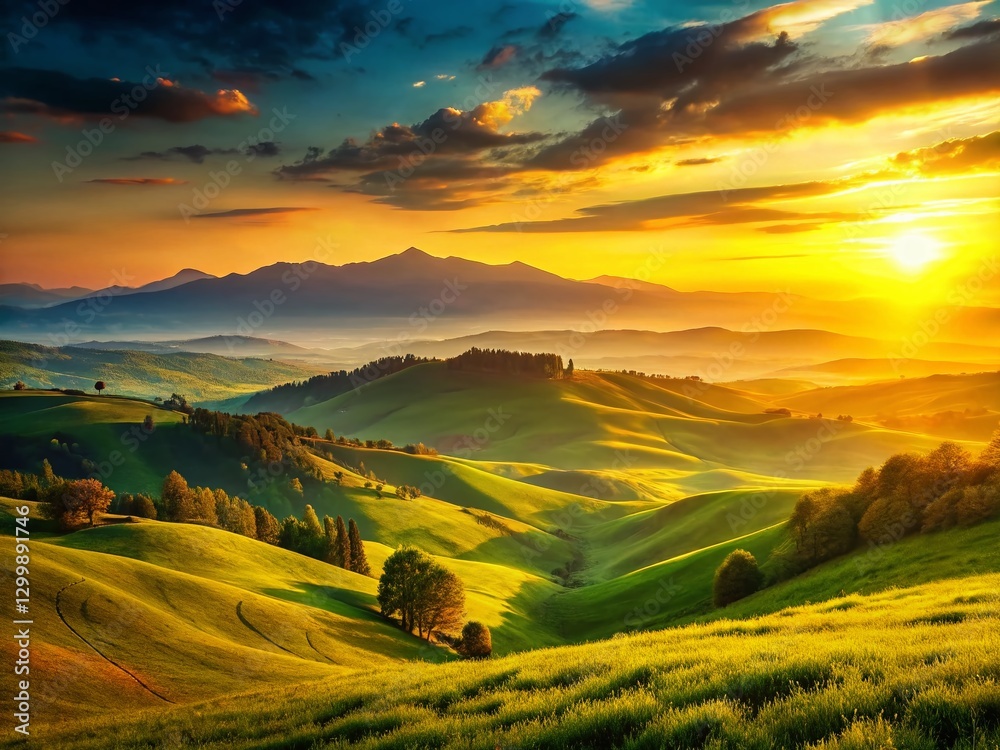 Obraz premium Serene Sunset Over Rolling Hills and Lush Green Fields - Idyllic Rural Landscape