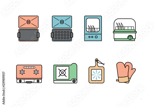 シンプルなキッチン調理家電の線画イラストセット（カラー）
