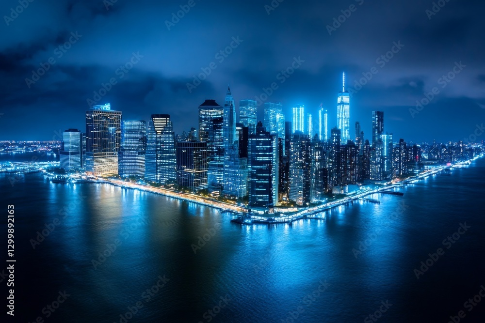 Fototapeta premium A city in complete darkness during a total blackout, with only emergency lights glowing