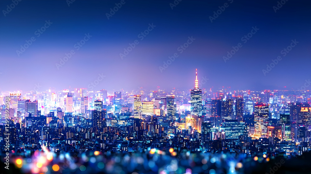 Fototapeta premium Elevated Night City View Illuminated With Blue And Yellow Lights