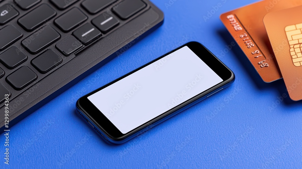 Close Up of Mobile Banking Setup with Smartphone, Keyboard and Credit Cards Close Up of Mobile Banking Setup with Smartphone, Keyboard and Credit Cards