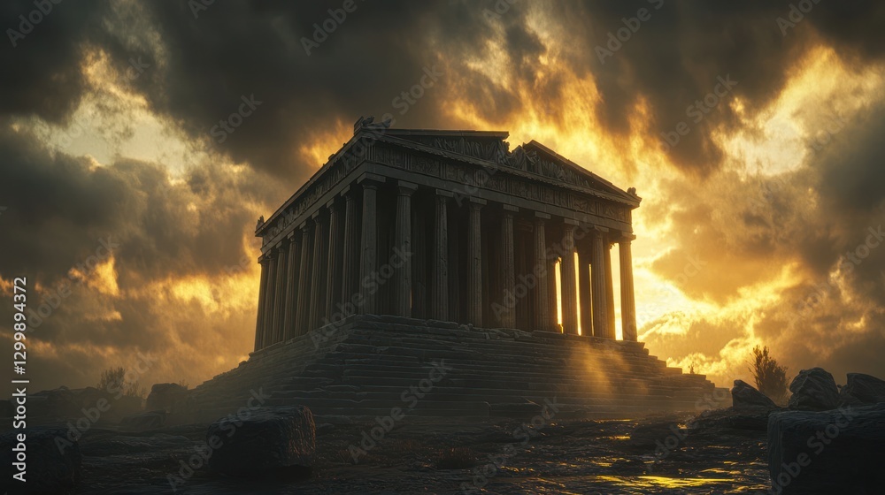 Naklejka premium Ancient temple sunset dramatic sky landscape historical architecture