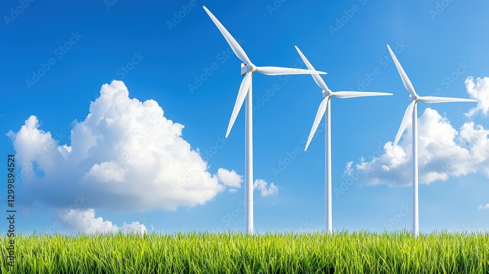 Wind Turbines on Green Field Against Blue Sky Promoting Clean Energy and Sustainability Wind Turbines on Green Field Against Blue Sky Promoting Clean Energy and Sustainability