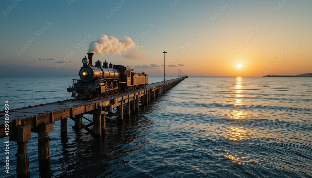 Obraz premium Vintage steam train at sunset on pier scenic landscape tranquil waters