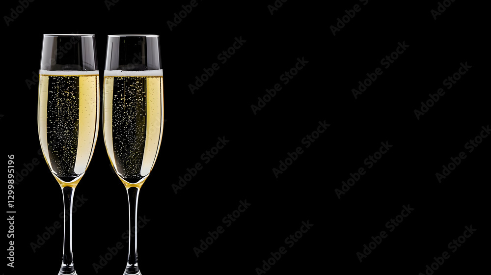 Two Champagne Flutes Filled With Sparkling Liquid Against A Dark Black Background Two Champagne Flutes Filled With Sparkling Liquid Against A Dark Black Background