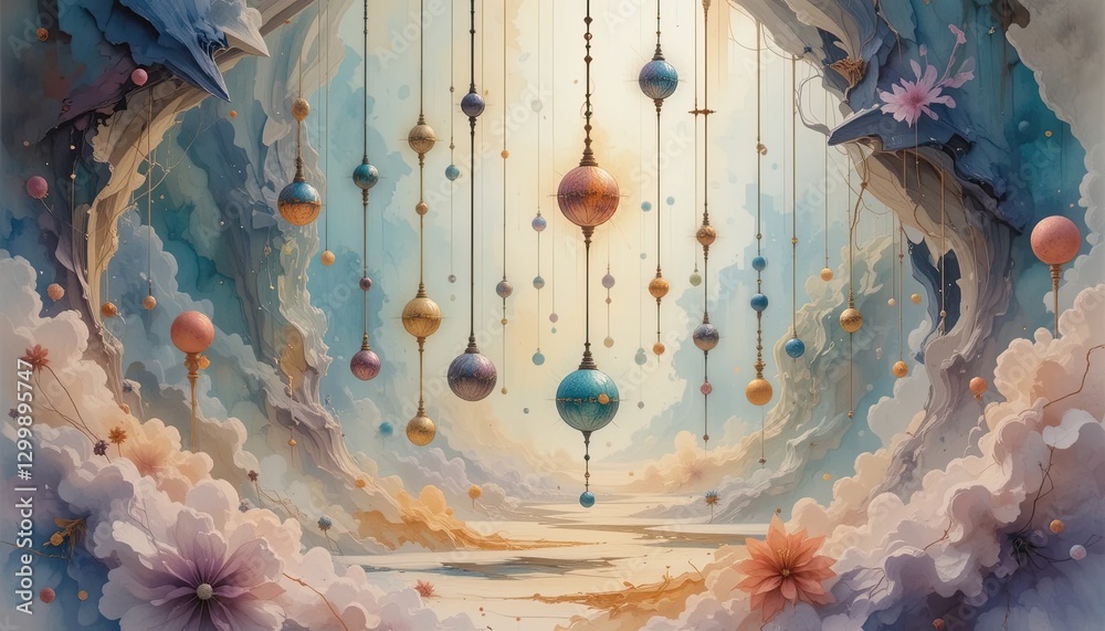Fototapeta premium Celestial orbs ethereal realm digital art dreamlike atmosphere wide angle surrealism