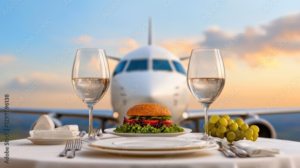 Obraz premium Luxury Dining Experience On Private Jet With Scenic Background And Meal Presentation