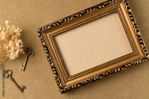 Empty frame with flowers and keys on fabric background from above. Retro style. Flat lay, top view.