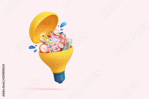 creative ideas light bulb work or study online learning education internet for school timetable science technology imagination with pencil clock rocket pastel object. clipping path. 3D Illustration.