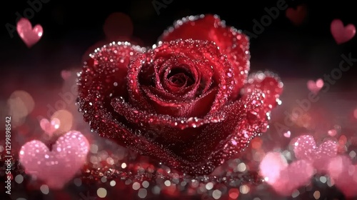 Dewy red rose heart shape, Valentine's, bokeh background, romantic