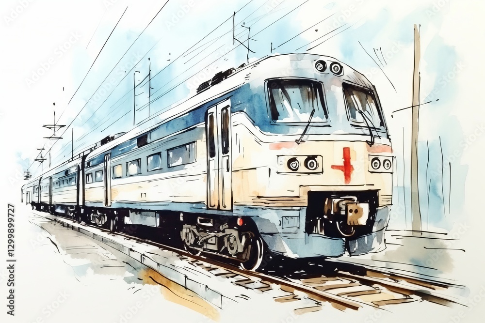 Obraz premium 手描き風の電車の水彩画,Generative AI AI画像