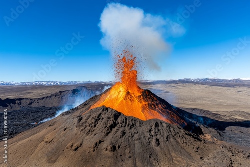 A drone capturing footage of an active volcano, with lava spewing from the crater