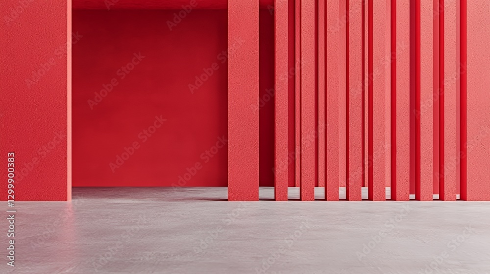 Red Minimalist Interior Space with Vertical Columns Red Minimalist Interior Space with Vertical Columns