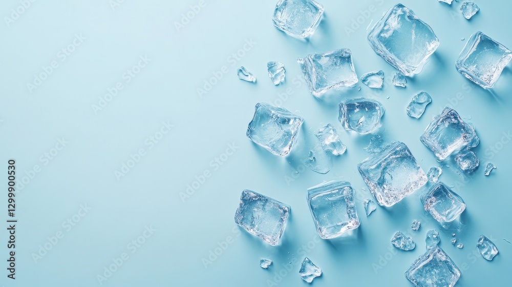 Sparkling ice cubes are scattered on a light blue background Sparkling ice cubes are scattered on a light blue background
