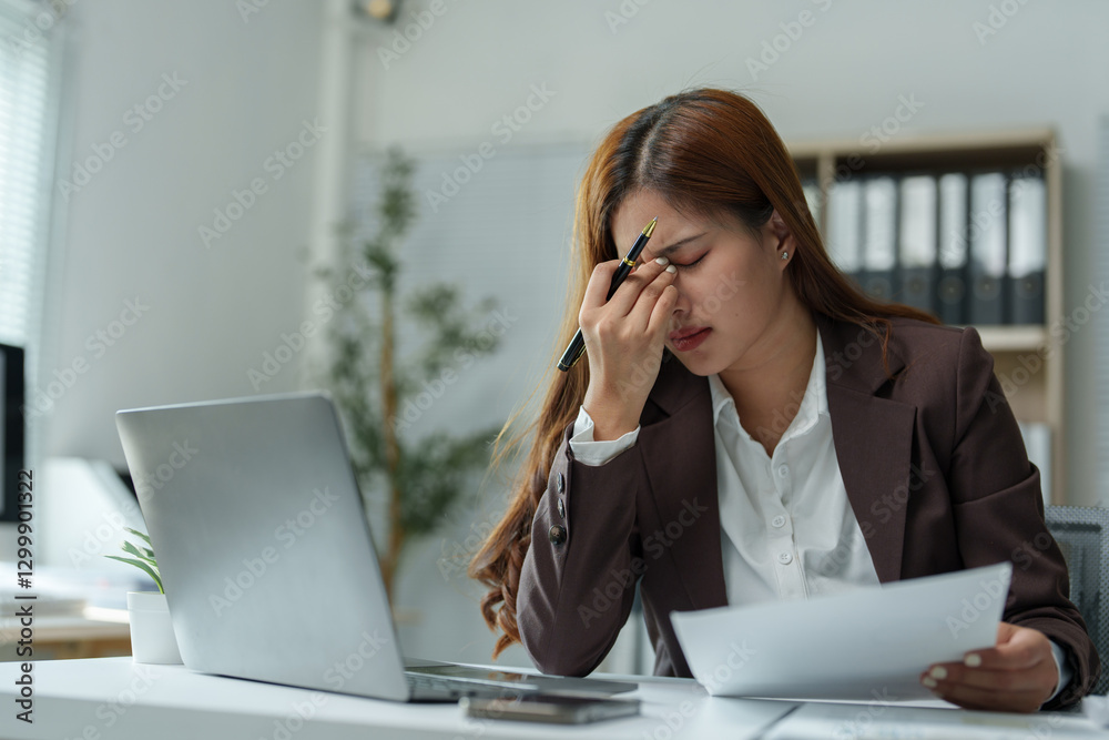 Young businesswoman experiencing a headache while working on a laptop at her office desk, massaging her temples and closing her eyes to find some relief from the stress Young businesswoman experiencing a headache while working on a laptop at her office desk, massaging her temples and closing her eyes to find some relief from the stress