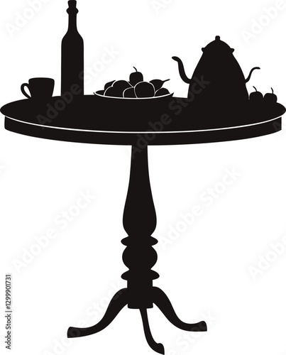 Silhouette of a vintage round table with fruits, bottle, and teapot.