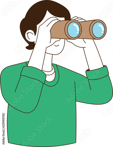 A young man looking far away with binoculars. minimal line art vector illustration.