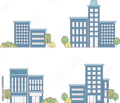 various building clip art on the side of the street. a backgrounding element. minimal line art vector illustration. 