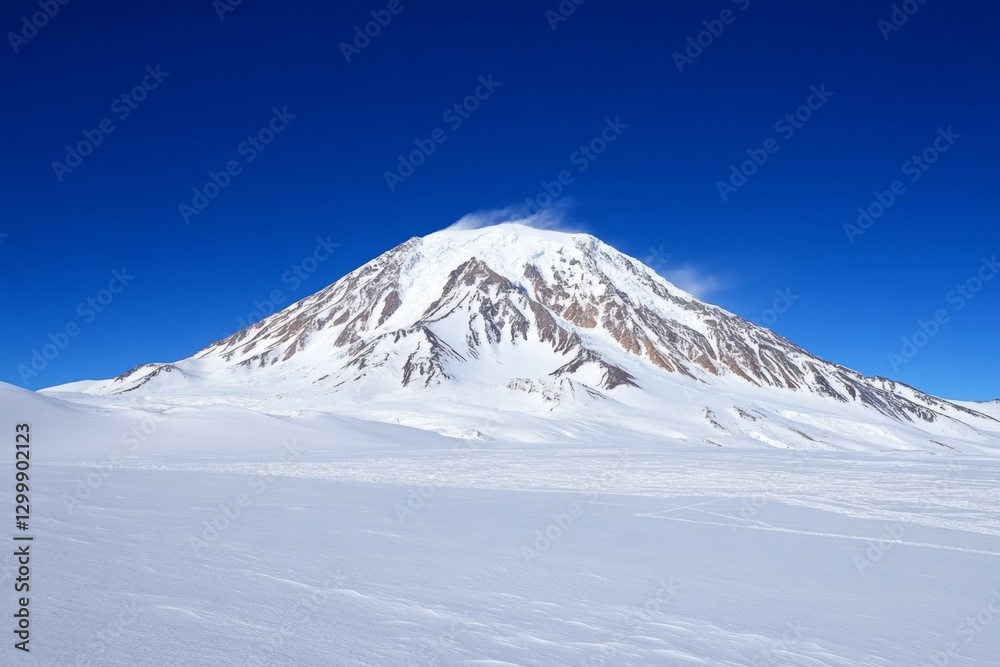 Fototapeta premium A frozen volcano with steam rising from cracks in the icy surface