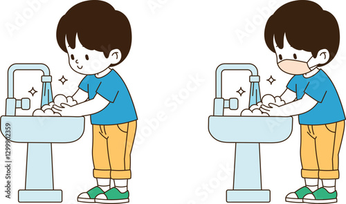 A child wearing a mask at the sink and washing his hands cleanly. minimal line art vector illustration.