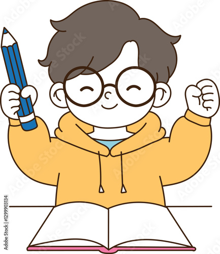 A child in glasses holds his hands high. He holds a pencil in one hand and smiles. minimal line art vector illustration. 