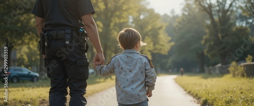 Police Officer & Child Walking, Safety - Authenticity photo