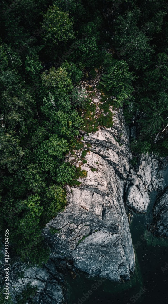Obraz premium Rocky cliff covered by trees and vegetation next to water. Drone view for nature publications