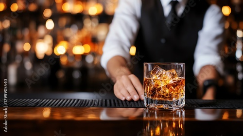 Elegant whiskey on the rocks in a glass.