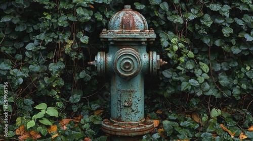 Rusty vintage fire hydrant surrounded by lush green ivy in a tranquil outdoor setting