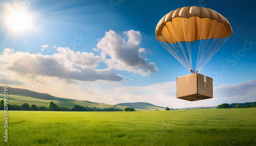 A package descending gently with a parachute against a scenic sky. Symbol of delivery, safety, and travel.
