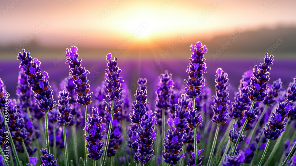 Fototapeta premium Lavender fields under a bright sunrise with vibrant purple flowers.
