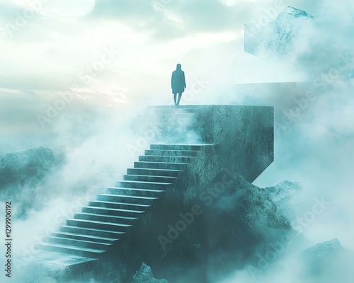 Mysterious figure in foggy surreal landscape.