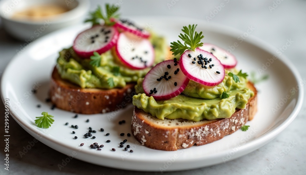 Artisan-style avocado toast with fresh radishes and herbs on a clean white plate Artisan-style avocado toast with fresh radishes and herbs on a clean white plate