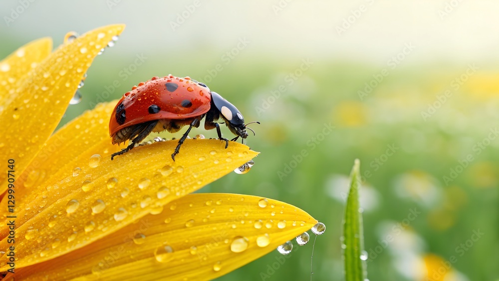 Obraz premium Ladybug on Yellow Flower: A vibrant ladybug delicately perches on a sunny yellow flower, its vivid red shell contrasting against the dewdrops.