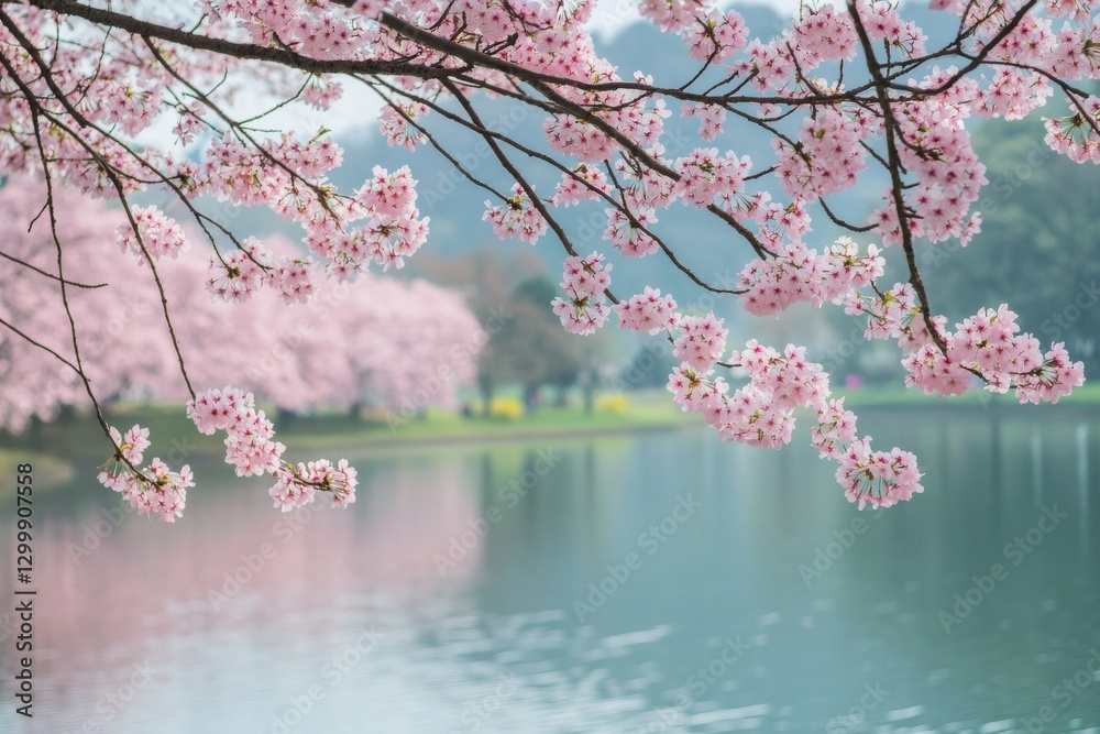 Fototapeta premium Spring cherry blossoms in vivid bloom over peaceful settings, ideal for tranquil backdrops and nature projects, capturing the essence of renewal and beauty for nature lovers